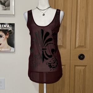 Rock & Republic Tank Top Womens S Burgundy Fleur De Lis Semi Sheer Studded Y2K